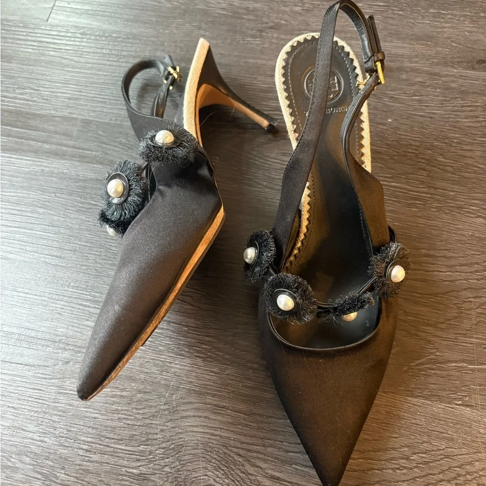 Tory Burch Pearl Black Pointed Toe Slingback Heels Size 9